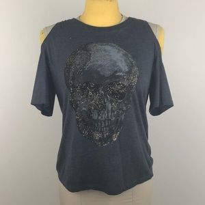 TOPSHOP Cold Shoulder Glitter Skull Tee in Grey
